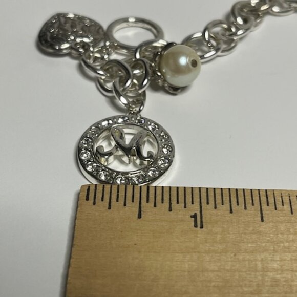 Silver-Tone Chain Charm Bracelet w/Heart, "M" Initial, Faux Pearl, Rhinestones - Picture 13 of 13